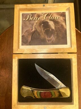 Bear Claw Men's Folding Pocket Knife with Multicolor Inlay and Brass Accents